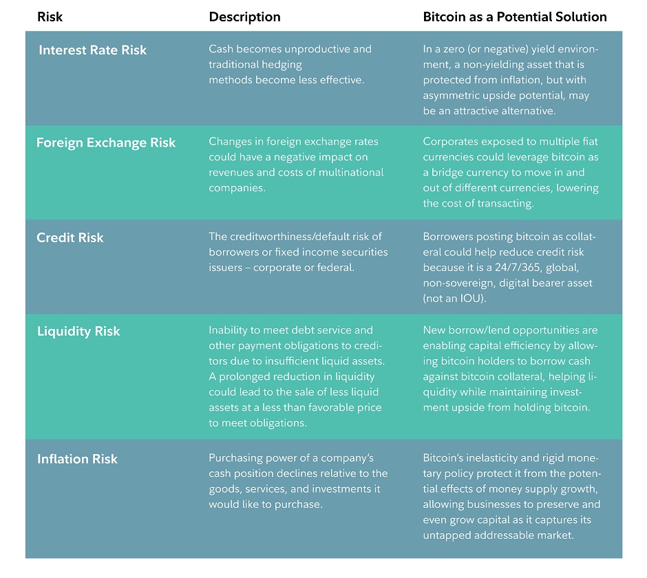 Risk management table with bitcoin as potential solution.